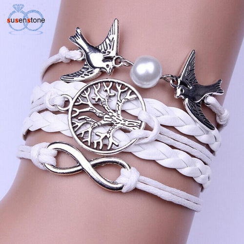 SUSENSTONE 20pcs Punk Design Handmade Adjustable Bracelets For Women Men Wristband Female Owl Leather Bracelet Vintage Jewelry