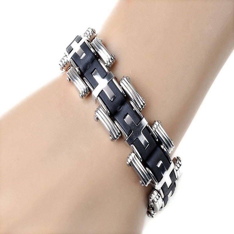 Men Silver Cross Stainles Steel Black Rubber Bracelet Bangle Wristband